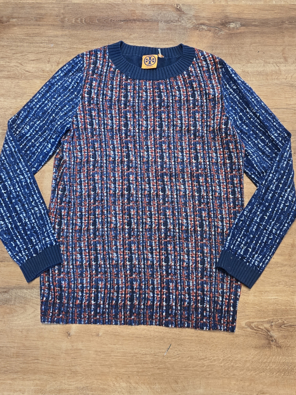 Tory Burch Blue and Red Multicolor Knit Crewneck Sweater Wool Nylon Blend Large
